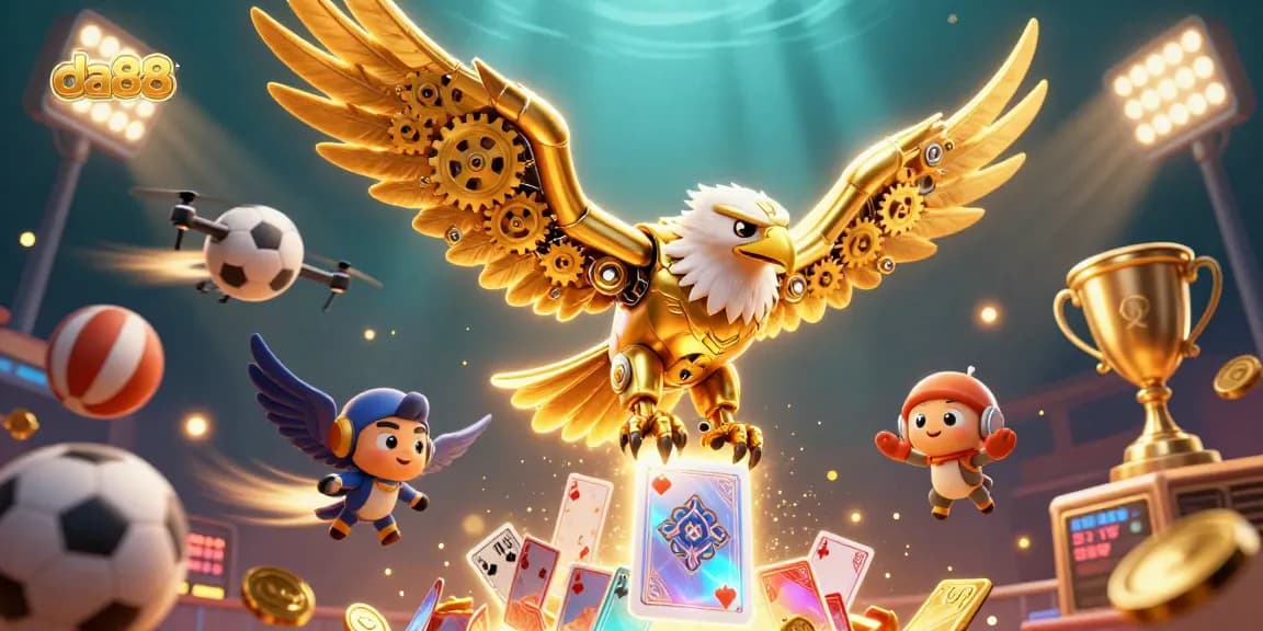 Engage with exciting da88 casino games featuring a futuristic golden eagle amid dynamic gambling elements.