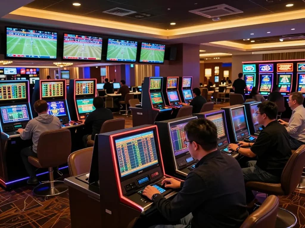 Patrons intensely analyzing betting odds at keonhacai8's upscale sports lounge, showcasing live sports excitement.