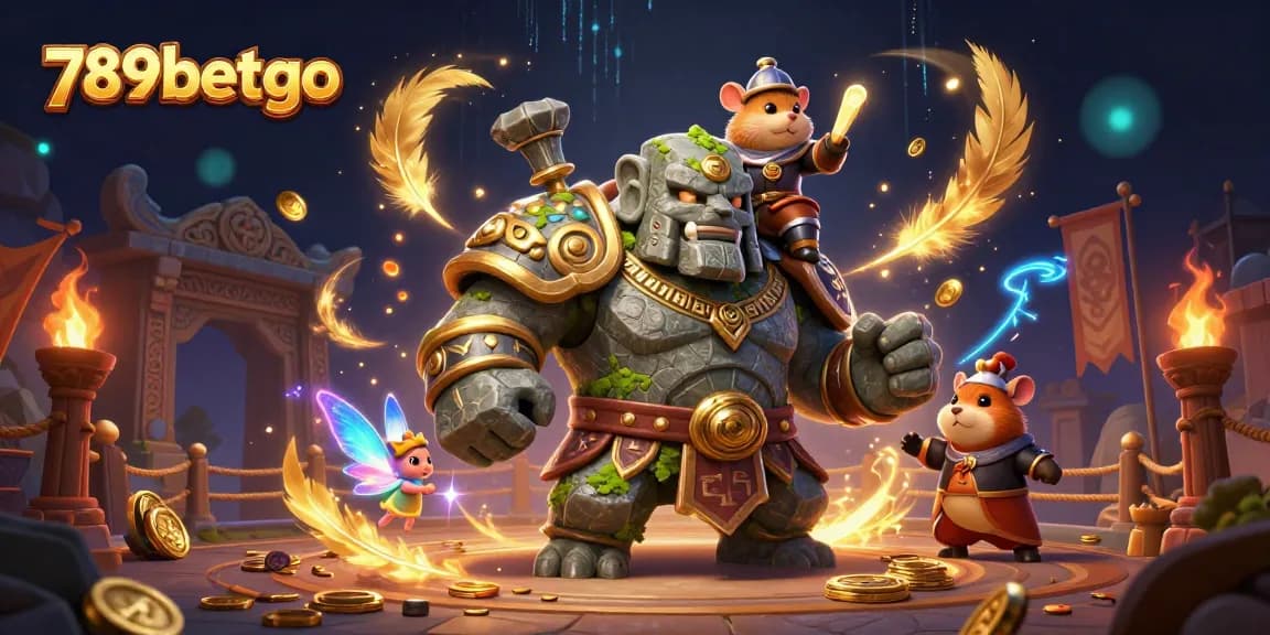 Experience thrilling wins at 789betgo with the magical golem and hamster knight in a dynamic casino scene.