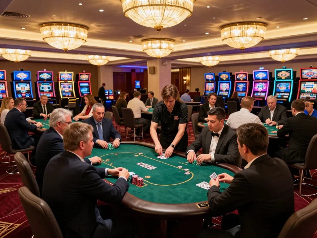 Engaging scene at a KJC global casino with players enjoying poker and vibrant ambiance.