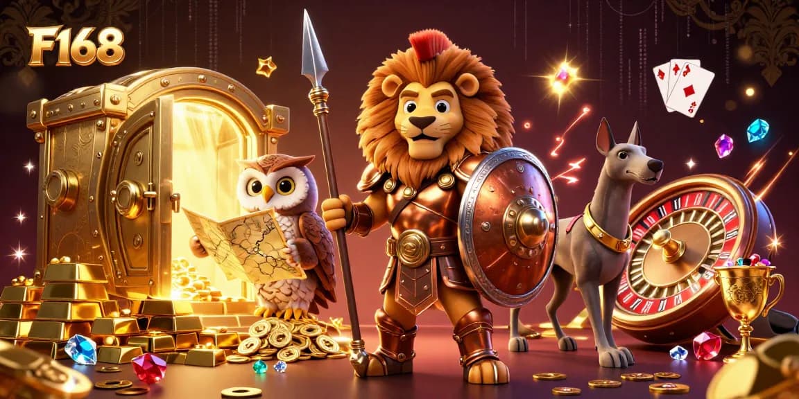 Engage with F168 casino adventures featuring a Spartan lion and dynamic game elements.