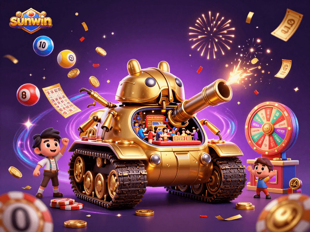 Experience the excitement of winning at sunwin with a dynamic casino scene featuring confetti and lottery elements.