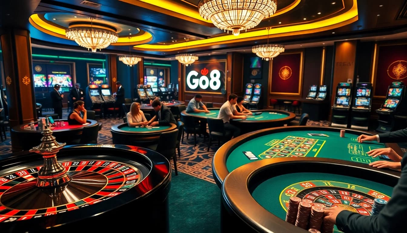 Experience thrilling gameplay at go8, featuring engaging roulette and poker action in a luxurious casino.