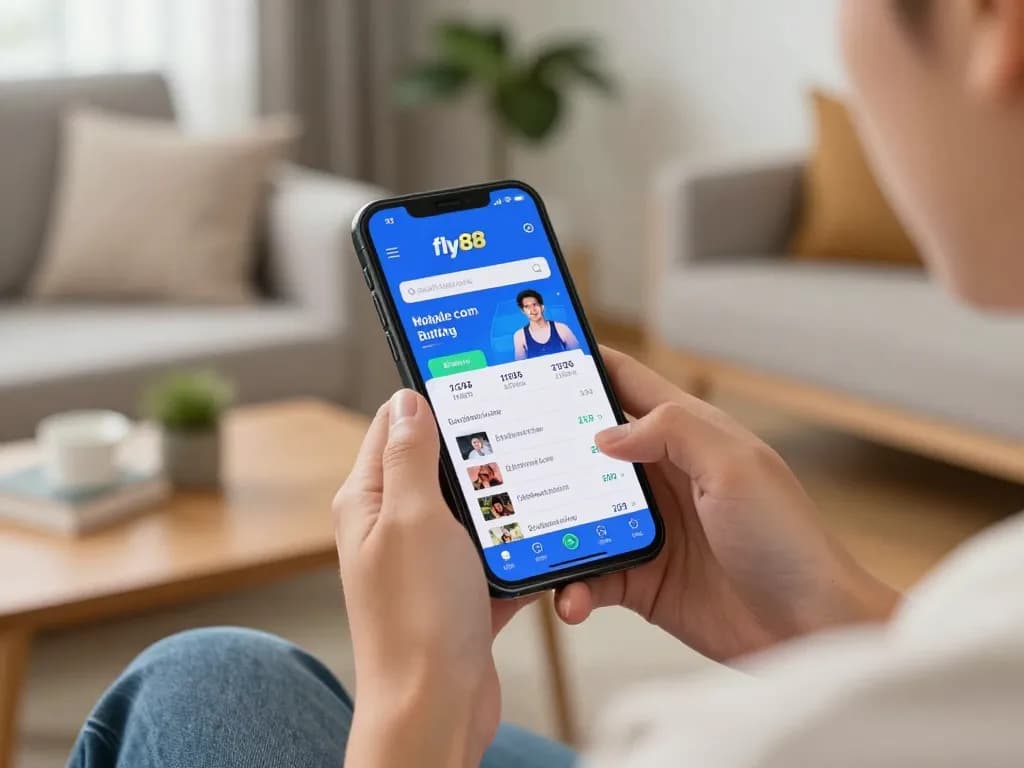 Person using the fly88 com betting app for sports wagering in a cozy home setting.