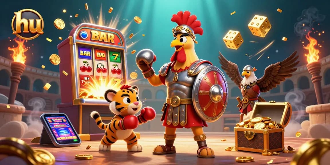 Experience exhilarating casino moments with hu, showcasing a gladiator rooster and vibrant slot machine.
