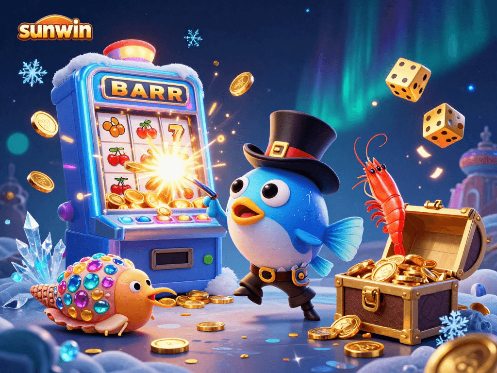 Win gold coins with sunwin's dynamic casino characters in a colorful, themed slot scene.