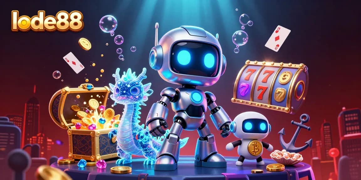 Explore vibrant lode88 online casino world featuring a cyberpunk robot and dynamic game elements.