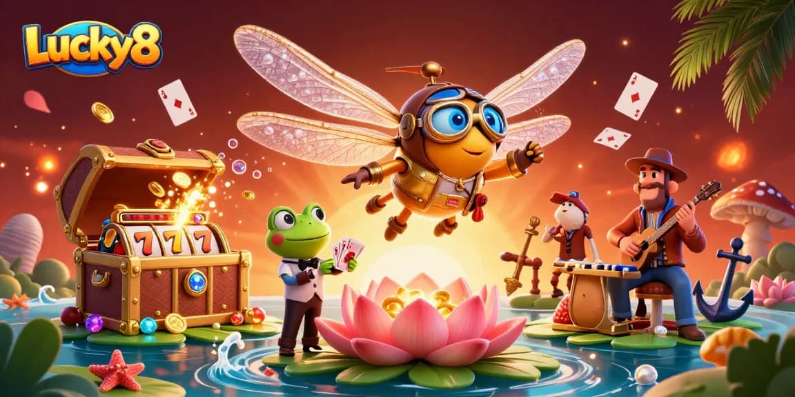 Experience the thrill of Lucky8 with a dragonfly pilot above a vibrant lily pad casino scene.