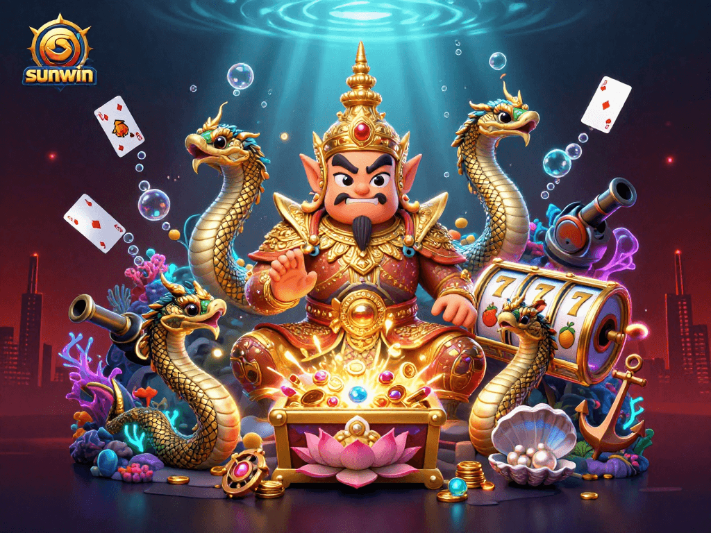 Experience exciting slots and treasures with sunwin in this vibrant casino-inspired illustration.