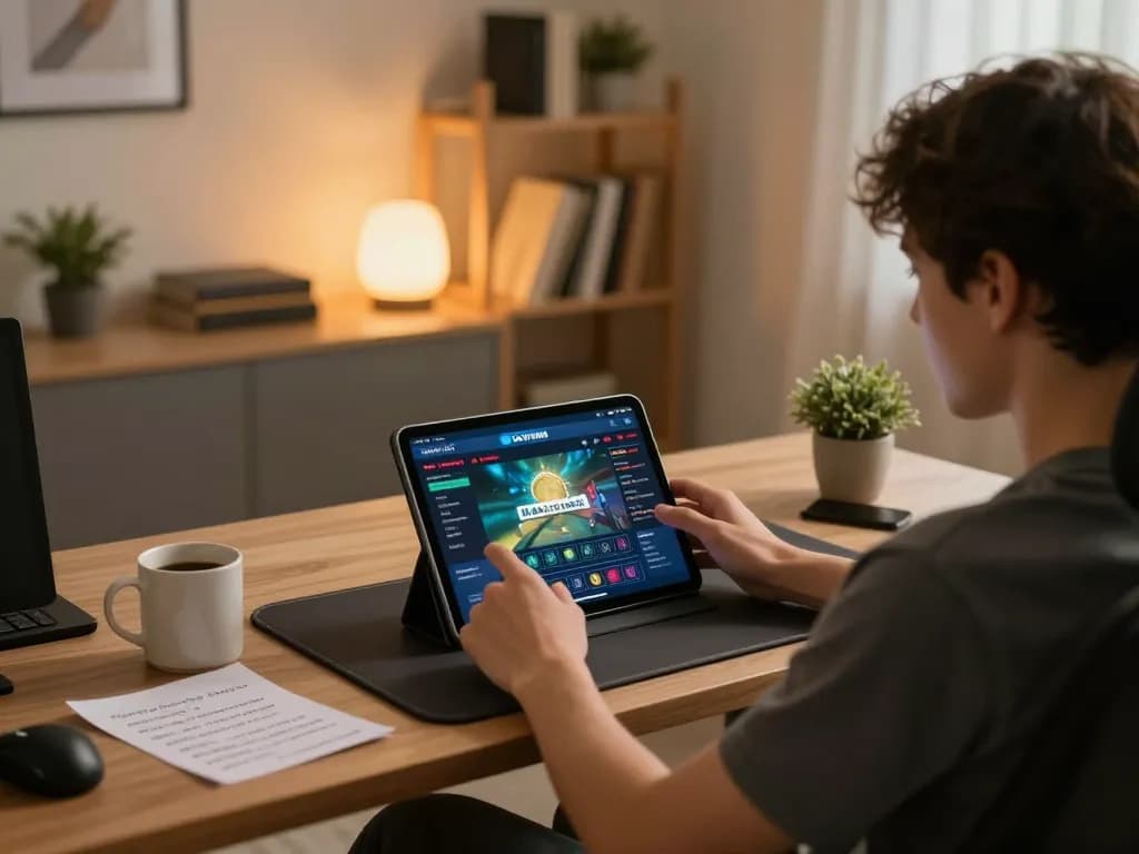Engage with the LOTO188 LINK MỚI interface on a tablet in a cozy home setup, showcasing a responsible gaming atmosphere.
