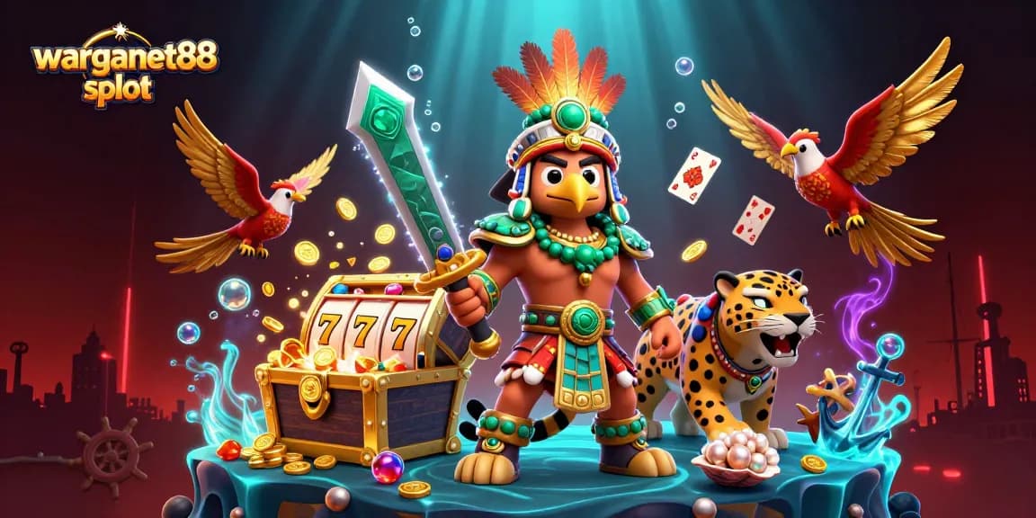 Spin the warganet88 slot reels with vibrant Aztec warriors and riches in this dynamic casino scene.