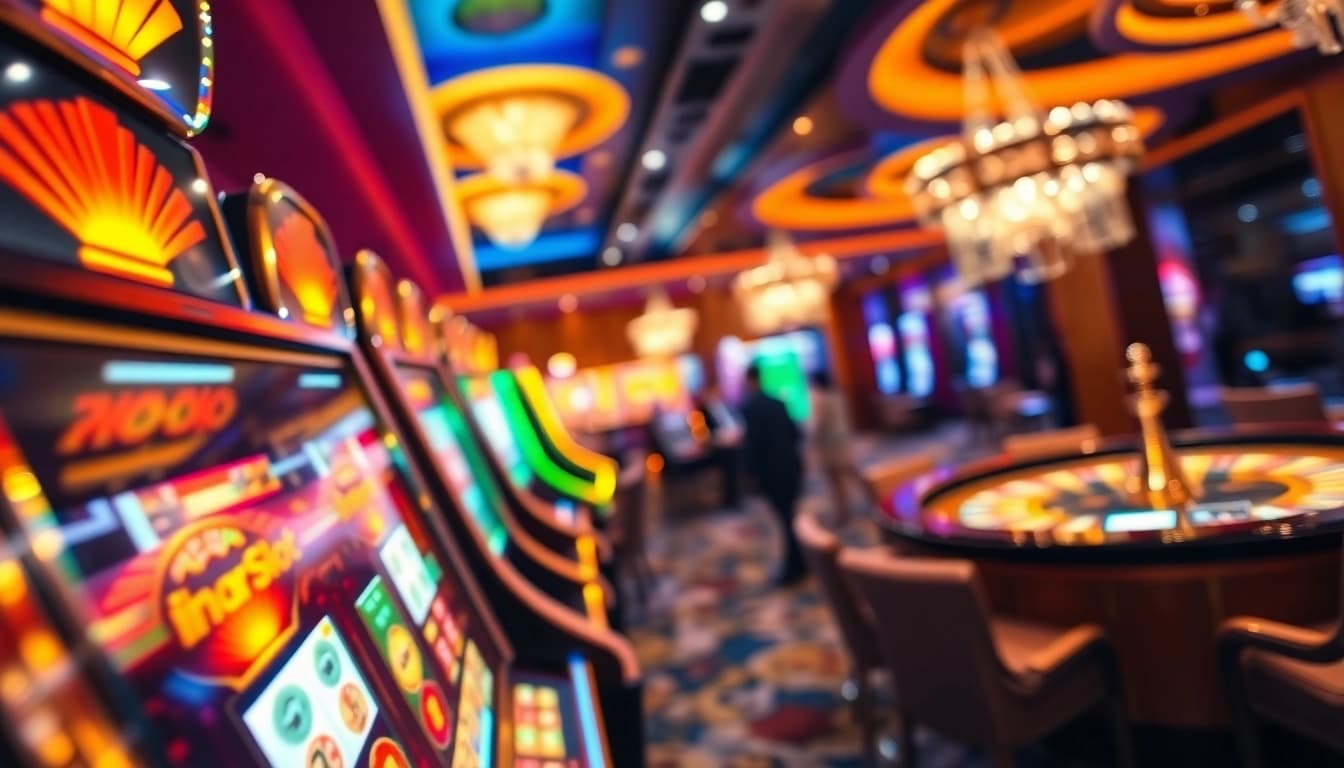 Experience the thrill of idnslot at a luxurious casino with vibrant slot machines and excited players.