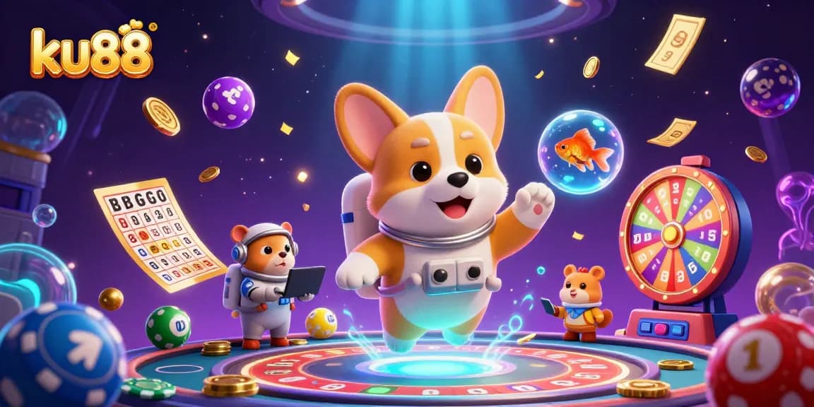 Engage in ku88's thrilling casino atmosphere with animated characters and vibrant game elements.