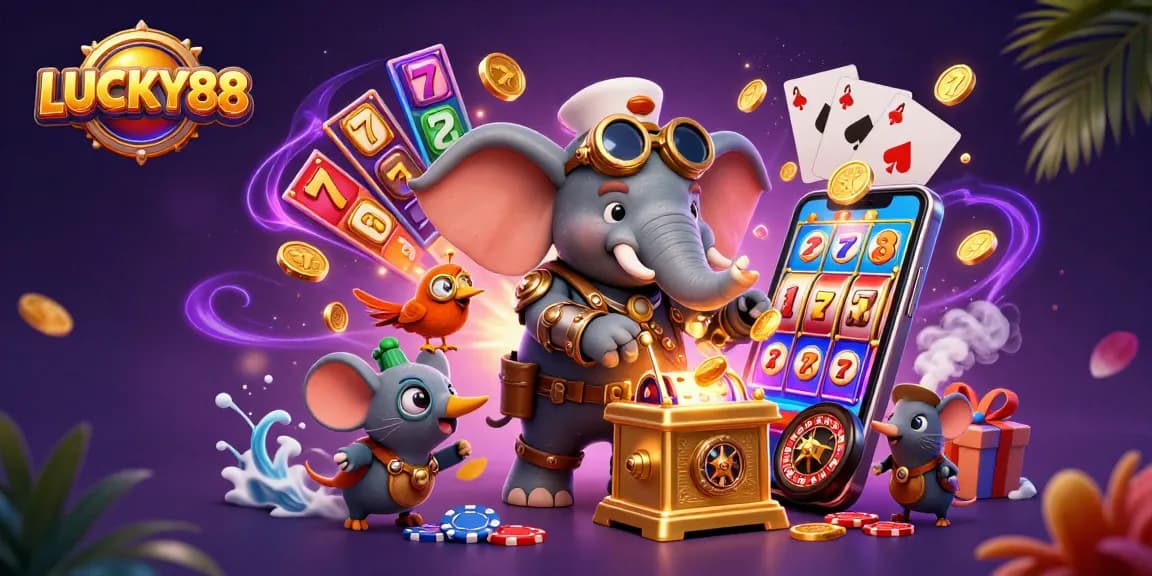 LUCKY88 features a steampunk elephant with golden slot machines in a vibrant casino scene.