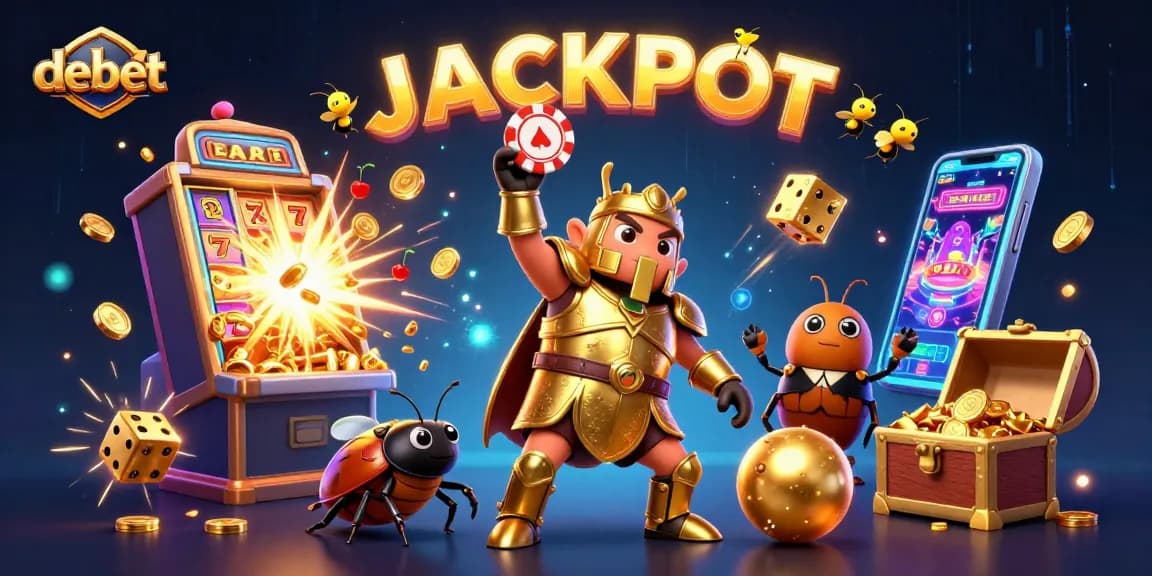 Experience the excitement of debet with a beetle triumphantly lifting a poker chip in a colorful casino scene.