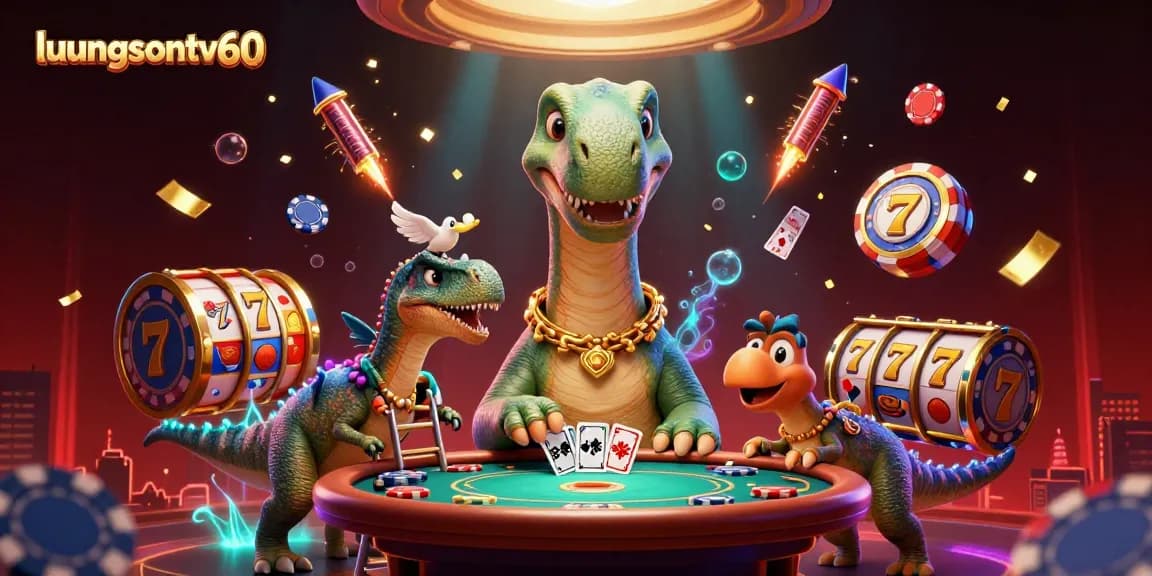 Experience thrilling games at luongsontv60 with a giant brontosaurus and raptor dealers in a vibrant casino scene.