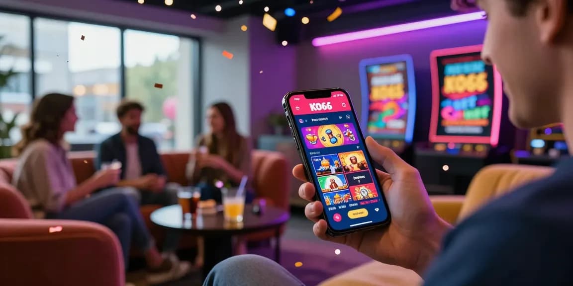 Engaged player using KO66 app in lively gaming environment with vibrant atmosphere.