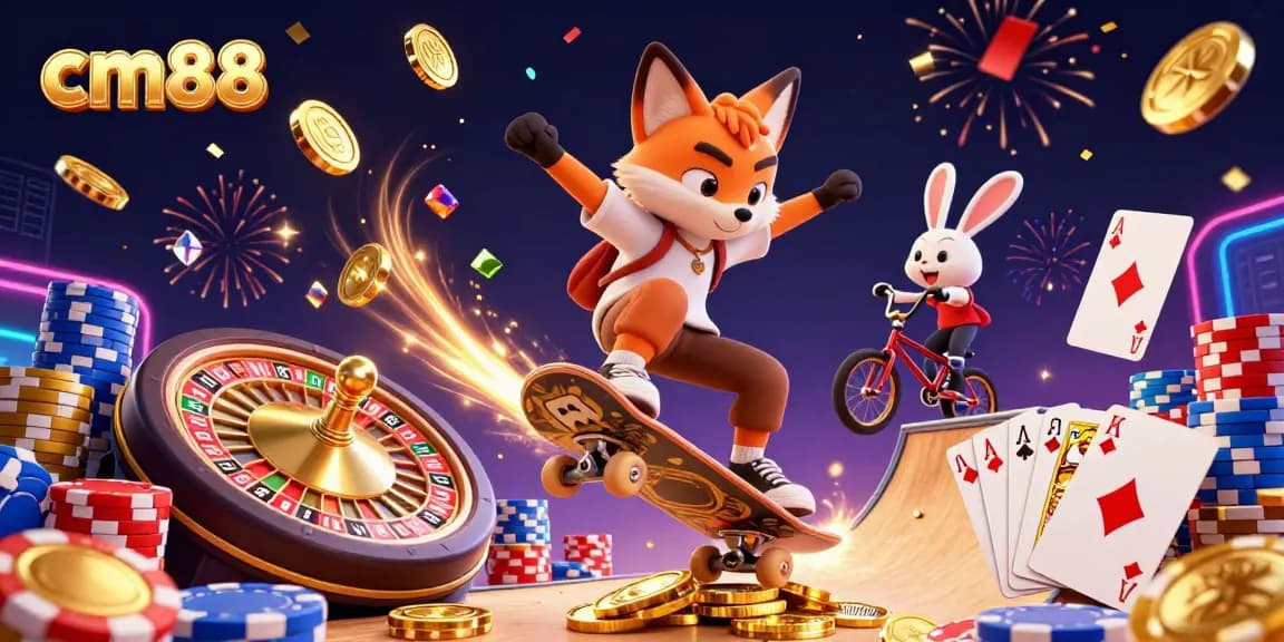 Experience thrilling gaming action with cm88 as a skateboarder fox performs a kickflip over golden poker chips.
