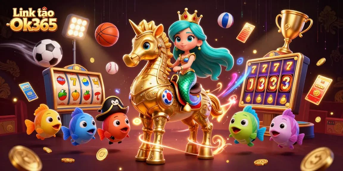 Experience excitement at Link vào Ok365 with this vibrant casino-themed illustration featuring a mermaid princess.