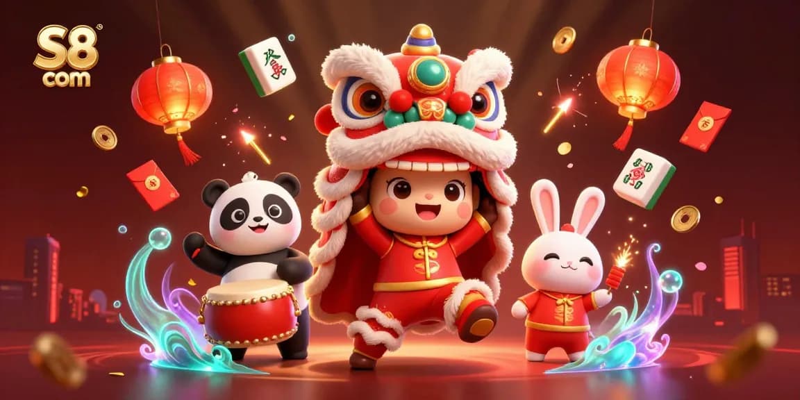 Engage with S8 com in a vibrant 3D illustration featuring dynamic characters and festive gaming elements.