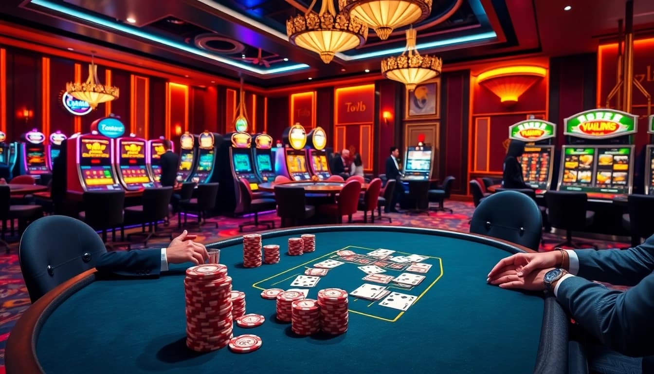 A dynamic gaming scene at 789club showcasing players at a poker table, roulette wheel, and slot machines.