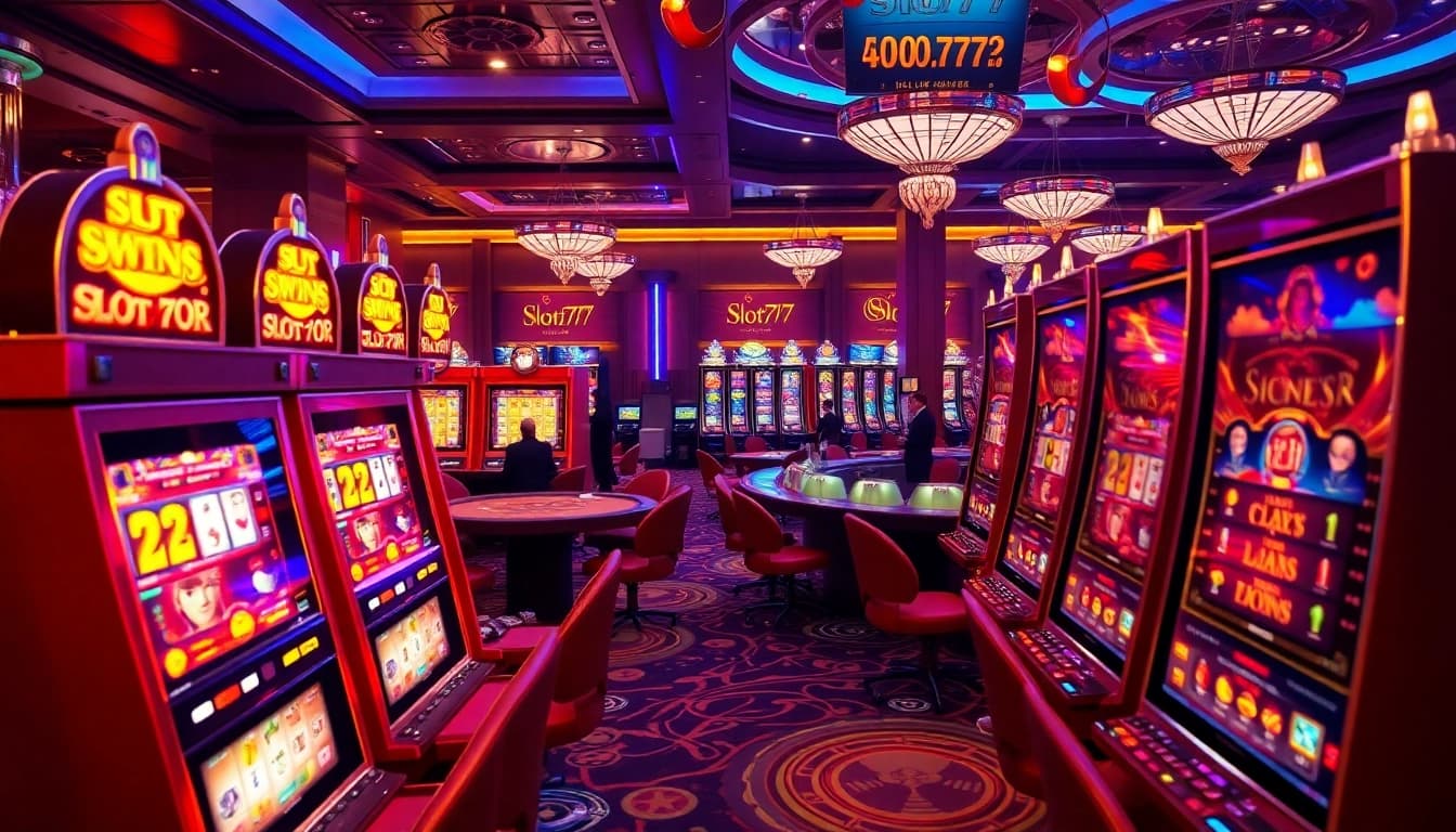 Experience the thrill of winning at slot777 with vibrant slot machines and excited players in a luxurious casino.