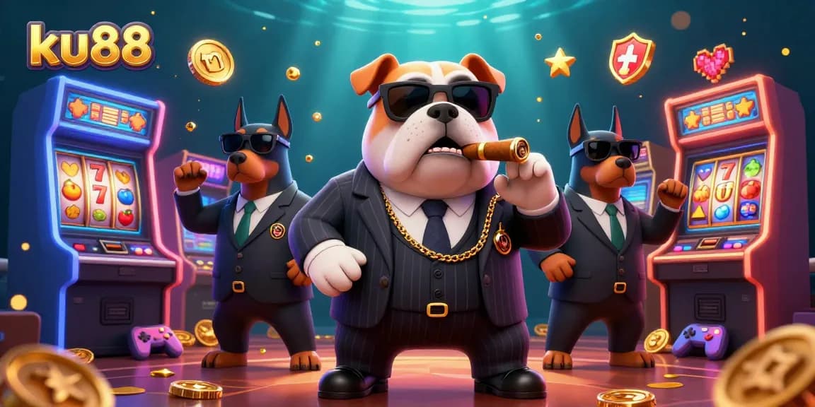 Experience high-stakes action at ku88 with a mafia-themed casino illustration featuring vibrant slot machines.