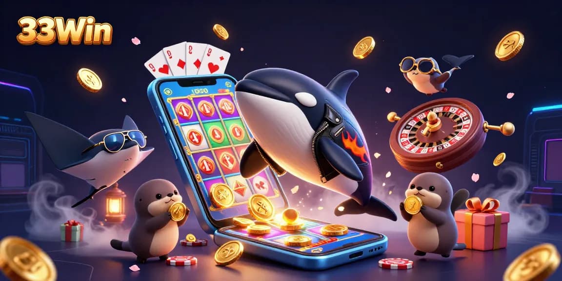 Engaging scene showcasing 33Win as a dynamic online casino with cartoon characters, gaming elements, and lively atmosphere.