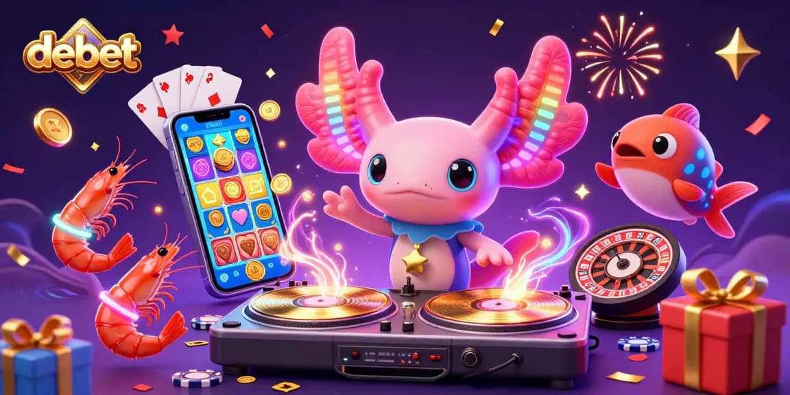 Engage in vibrant gaming fun with debet's colorful 3D axolotl DJ and lively underwater casino atmosphere.