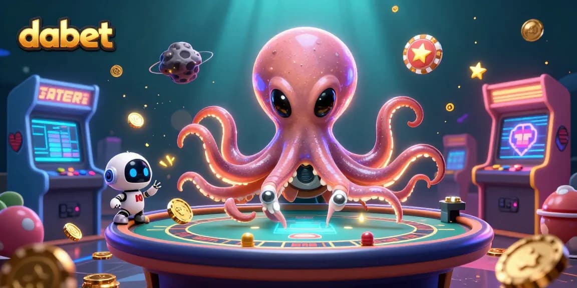 Dabet's alien octopus plays holographic poker surrounded by gaming elements, showcasing a vibrant casino atmosphere.