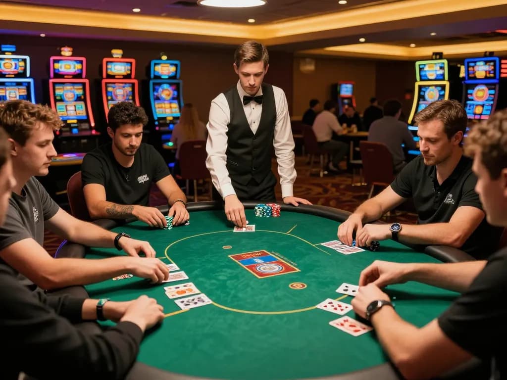 Players engaged in an exciting poker game at LC88 casino with warm lighting and thrilling atmosphere.