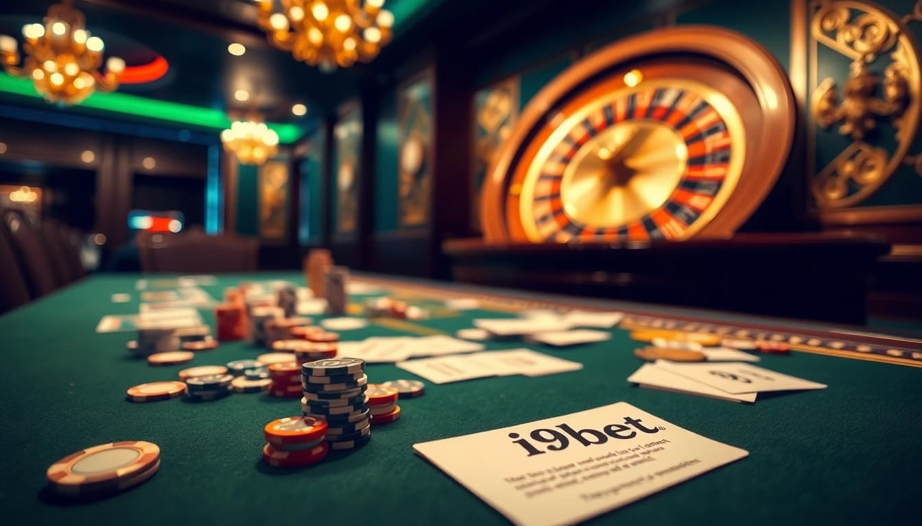Betting table at i9bet featuring exciting action with cards, chips, and a roulette wheel.