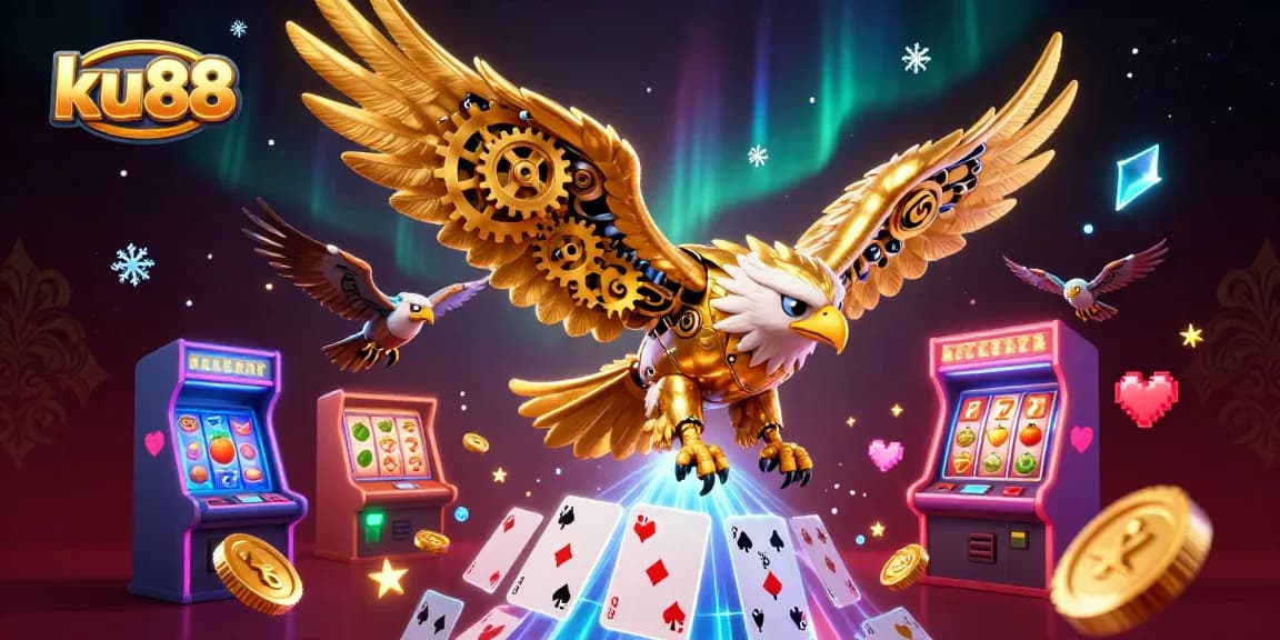 ku88 showcases a thrilling 3D casino scene with a cybernetic eagle diving among vibrant slot reels and game icons.