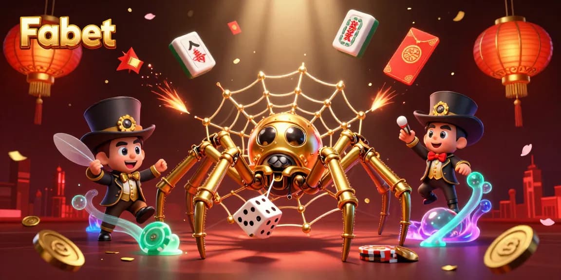 Experience Fabet's playful gaming world featuring a steampunk spider and delightful casino symbols.