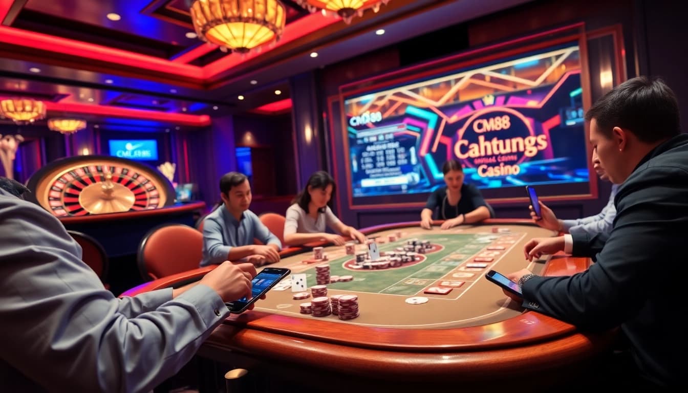 CM88 players engaging in exciting poker action at a luxurious casino table, blending tradition with online gambling.