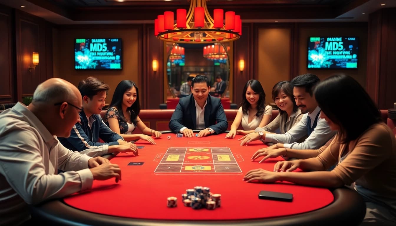 TÀI XỈU MD5 game showing players engaged in gambling with transparency through MD5 hash.