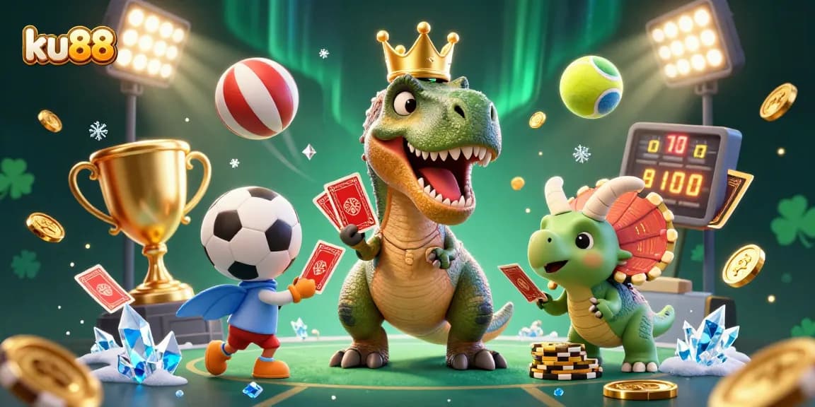 ku88 demonstrates exciting sports betting with a playful T-Rex, cards, and chips while showcasing thrilling action