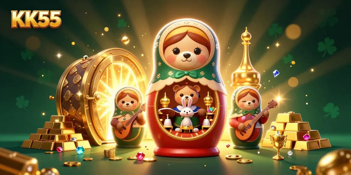 Experience the excitement of KK55 with vibrant casino-themed characters and gold treasures in a dynamic, engaging scene.