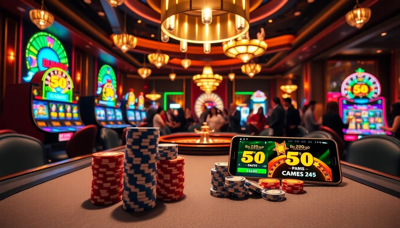 Exciting gaming scene featuring 68 game bài tables, slots, and poker chips in a luxurious casino.