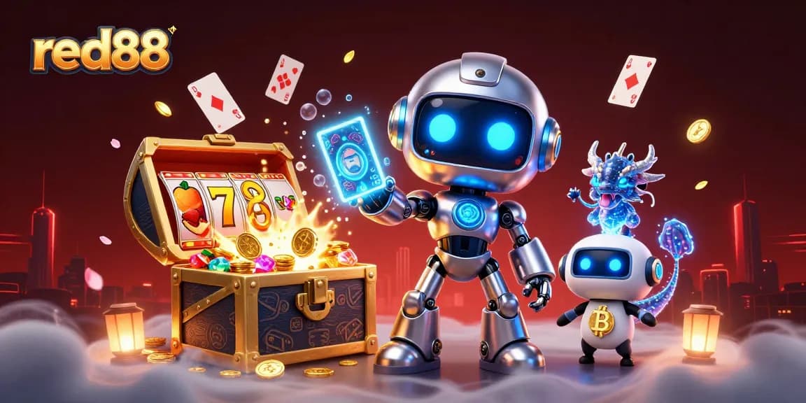 Win big with red88—3D illustration featuring a cyberpunk robot, dragon, and bitcoin drone amidst dynamic casino elements.