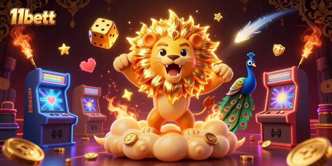 Engage with 11bett's vibrant 3D casino world featuring a roaring lion and golden dice.
