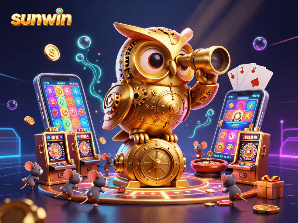 Sunwin depicts a colorful casino scene with a golden owl, spinning slots, and vibrant game elements.