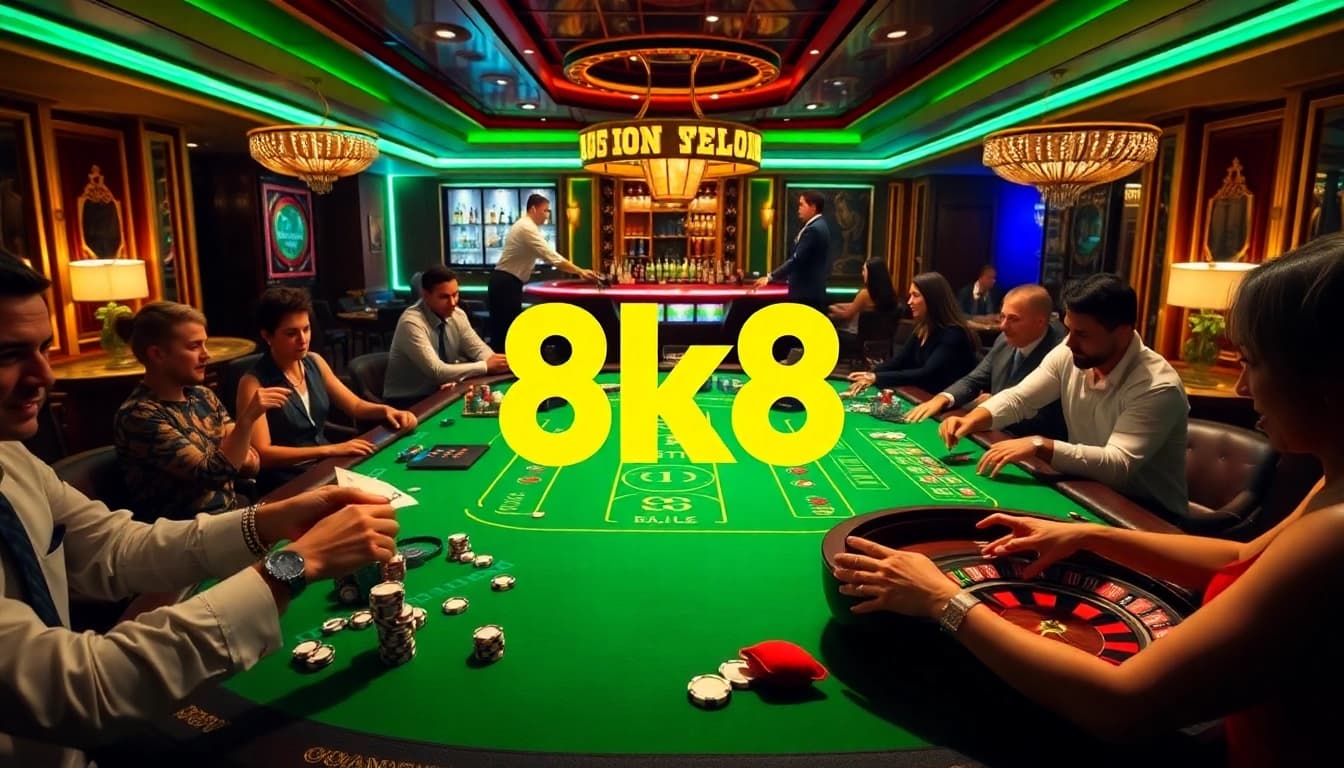 Players engaging in poker and baccarat at the 8k8 casino, showcasing excitement and luxury.