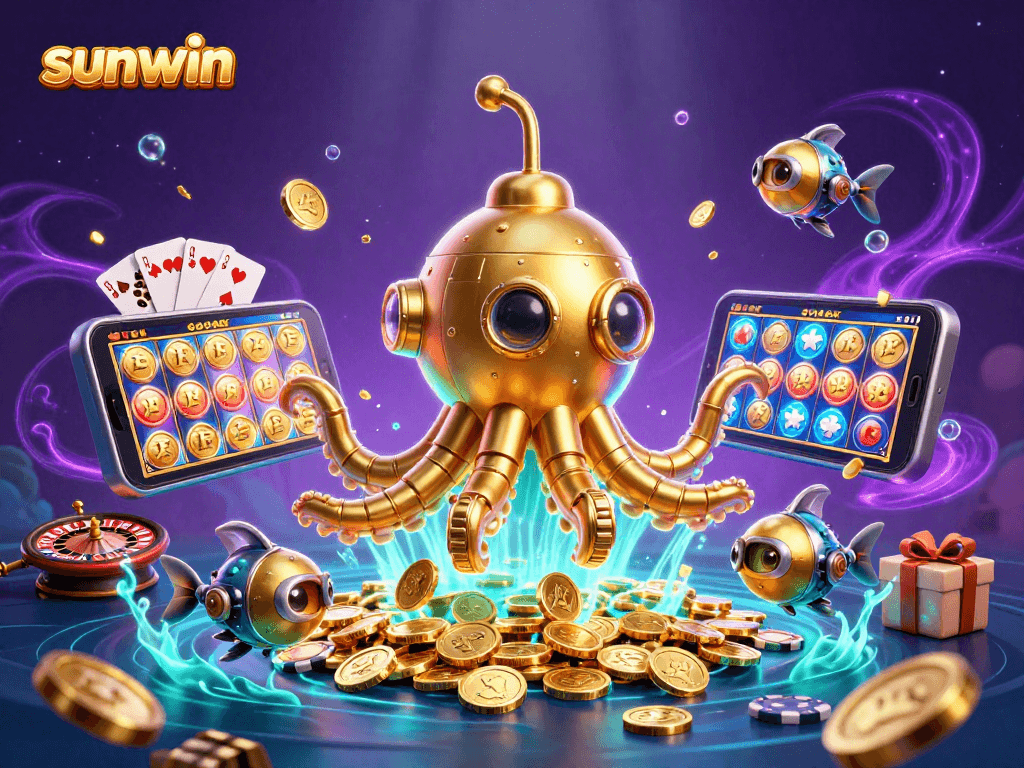 Sunwin's immersive casino experience, featuring a kraken submarine and colorful slot action.