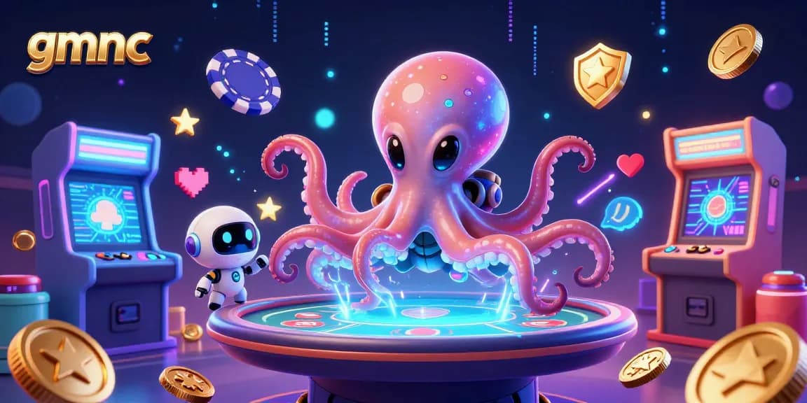 Engage in exciting gameplay at gmnc with a vibrant alien octopus and its robot companion at a poker table.