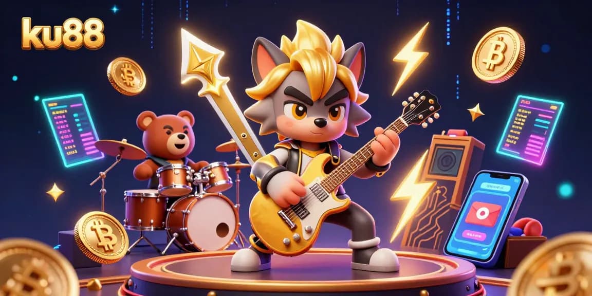 ku88 casino scene featuring a rock star wolf and drummer bear amidst crypto elements.