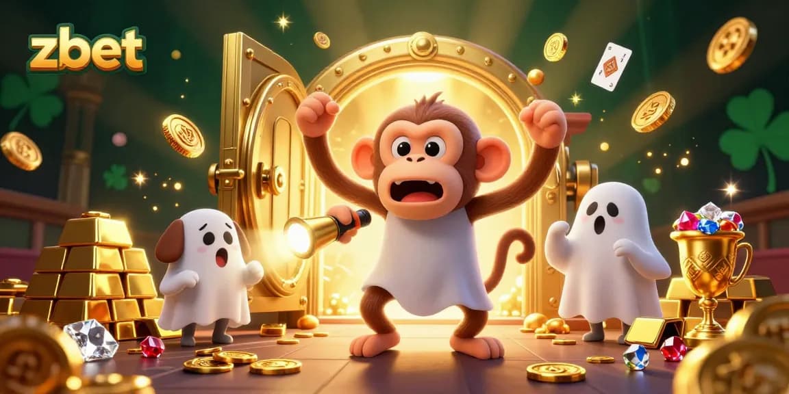 Engaging zbet casino visual featuring a poltergeist monkey and ghost-hunting puppy in a thrilling casino scene.