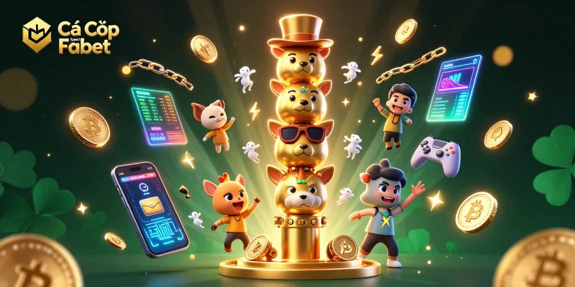 Cá Cược Esports Fabet showcases vibrant esports elements with glowing crypto coins and a dynamic totem.