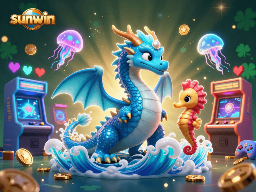 Experience thrilling gaming action with sunwin, featuring an azure water dragon and vibrant arcade machines.
