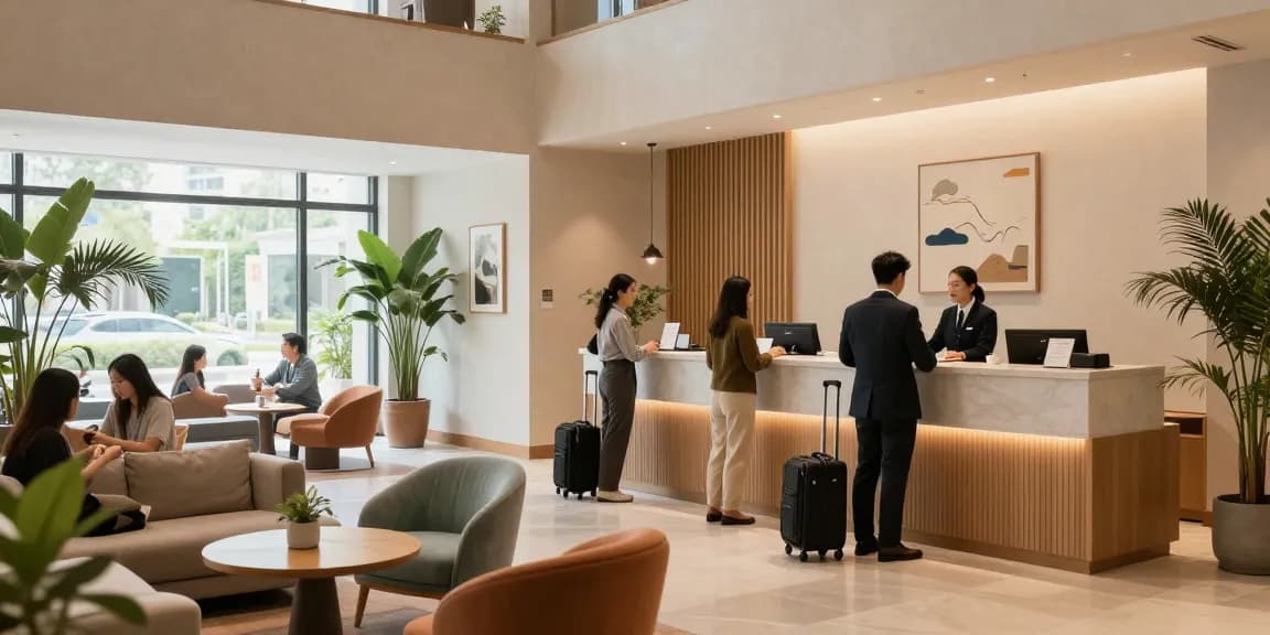 ROKOK88 hotel lobby with welcoming staff and guests enjoying a comfortable atmosphere.
